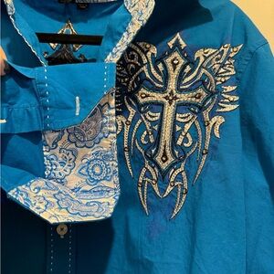 Men's Blue Embroidered Casual Button Down Shirt
